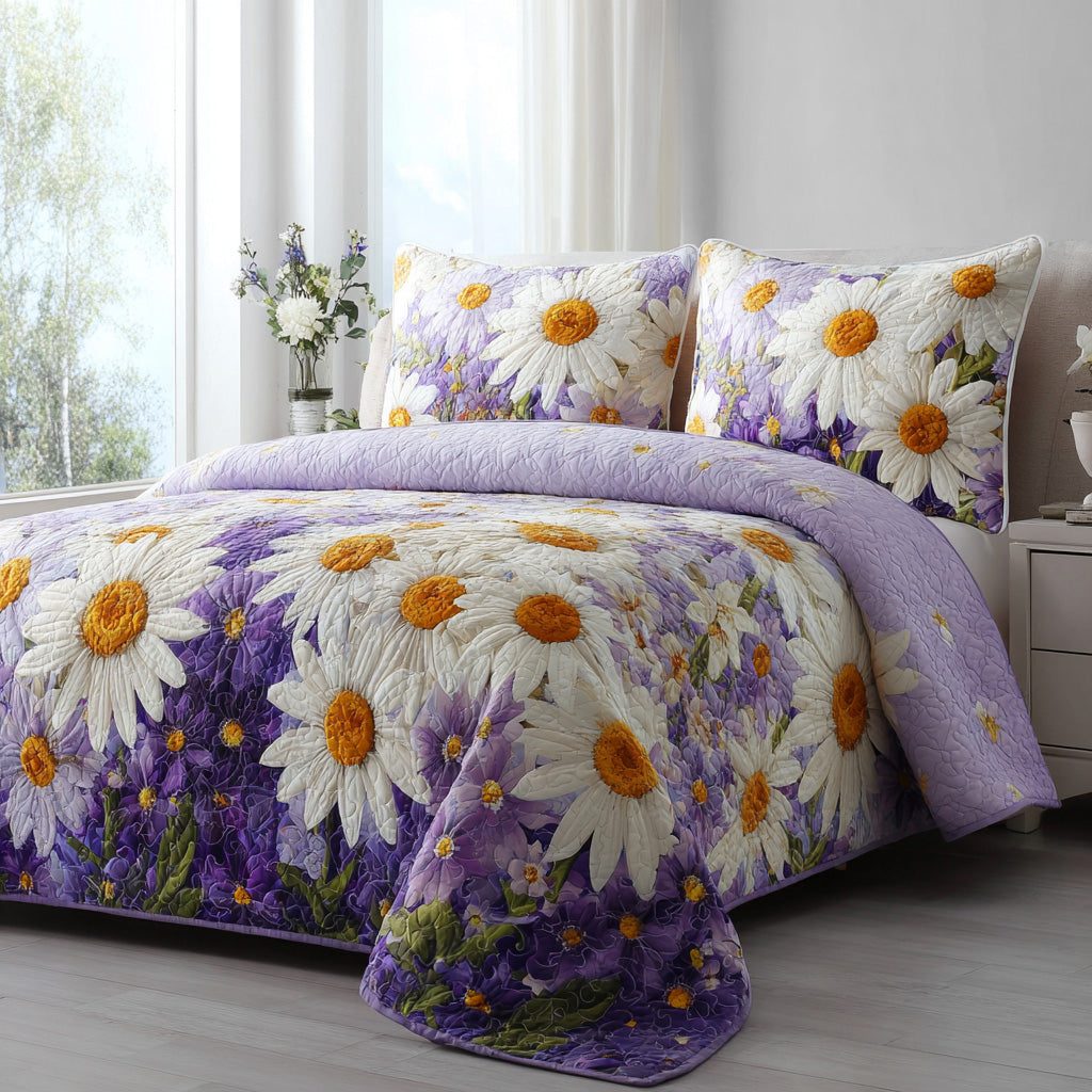 Purple Petals quilted 3-piece bedding set on a made bed with two matching pillow shams