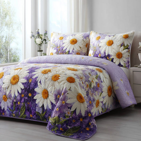 Purple Petals quilted 3-piece bedding set on a made bed with two matching pillow shams