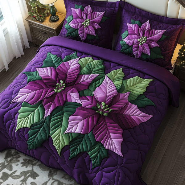 Purple Poinsettias quilted 3-piece bedding set on a made bed in a winter-styled bedroom