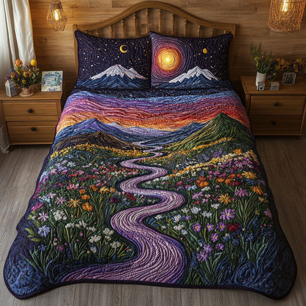 Purple Reflections quilted 3-piece bedding set on a made bed with two matching pillow shams