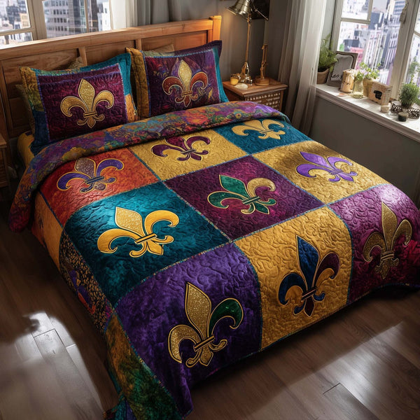 Purple Revelry quilted 3-piece bedding set on a made bed with two matching pillow shams