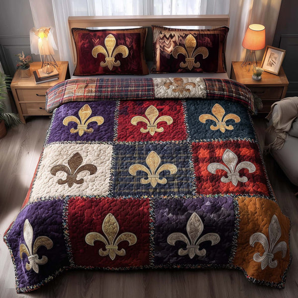 Purple Revelry quilted 3-piece bedding set on a made bed with two matching pillow shams
