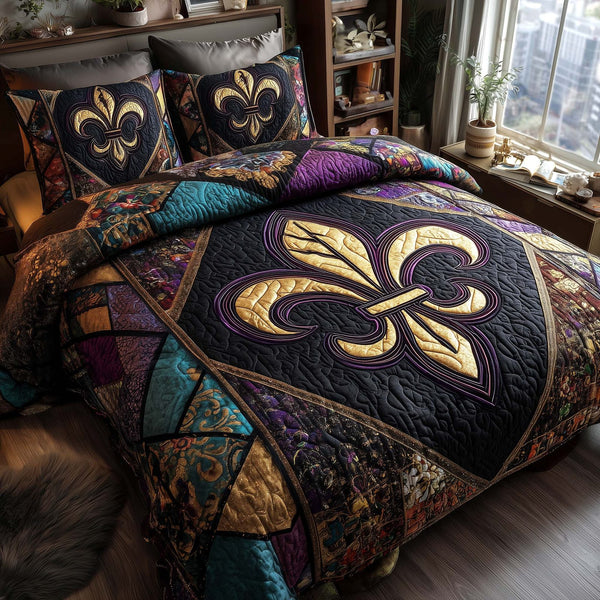 Purple Revelry quilted 3-piece bedding set on a made bed with two matching pillow shams