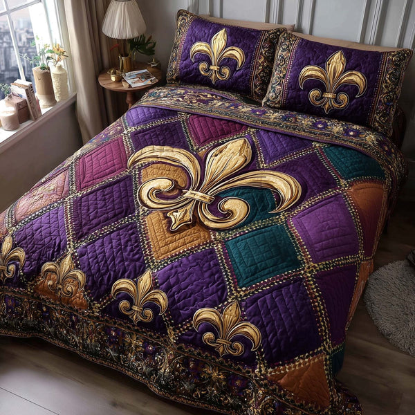 Purple Revelry quilted 3-piece bedding set on a made bed with two matching pillow shams