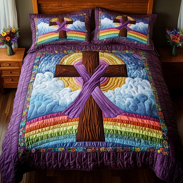 Purple Ribbon Cross quilted 3-piece bedding set on a made bed in a softly lit bedroom