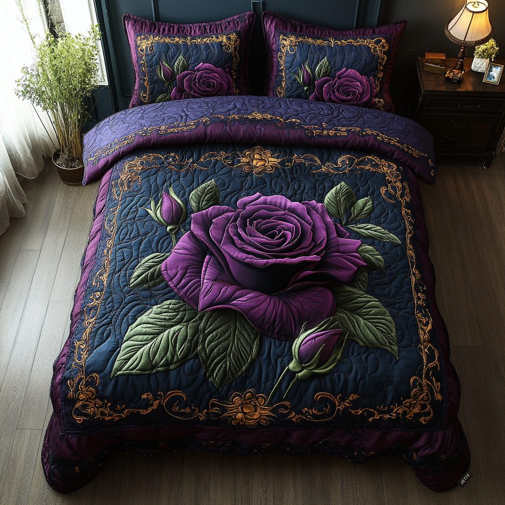 Purple Rose quilted 3-piece bedding set on a made bed with two matching pillow shams