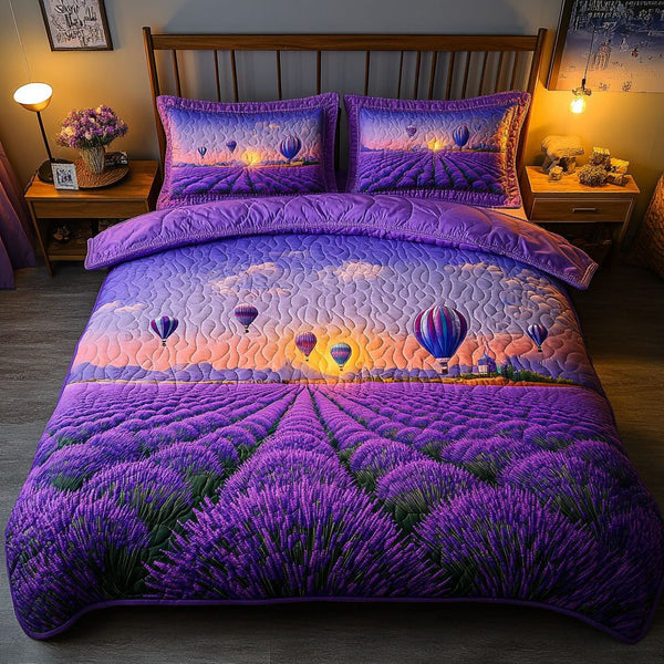 Purple Serenity quilted 3-piece bedding set on a made bed with two matching pillow shams