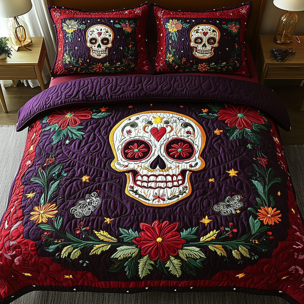 Purple Skull quilted 3-piece bedding set on a made bed against a dark styled interior