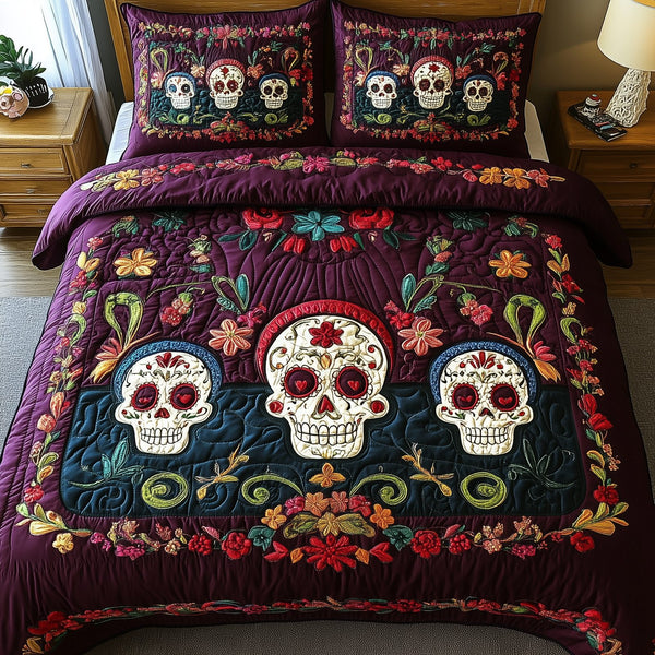 Purple Skull quilted 3-piece bedding set on a made bed against a dark styled interior