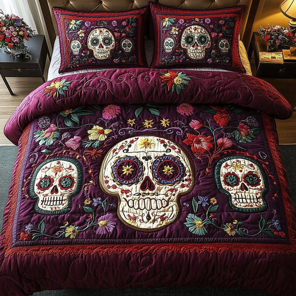 Purple Skull quilted 3-piece bedding set on a made bed against a dark styled interior