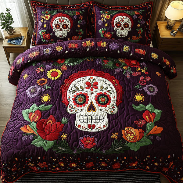 Purple Skull quilted 3-piece bedding set on a made bed against a dark styled interior
