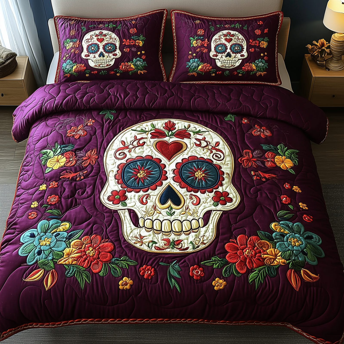 Purple Skull quilted 3-piece bedding set on a made bed against a dark styled interior