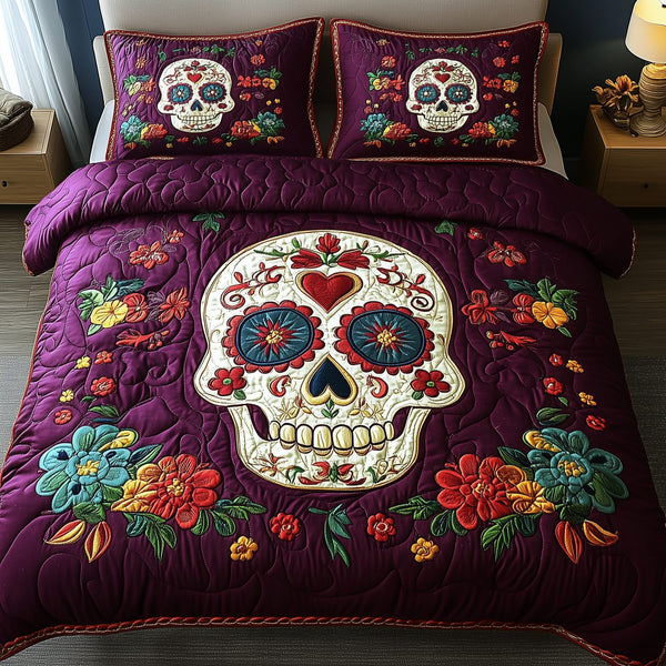 Purple Skull quilted 3-piece bedding set on a made bed against a dark styled interior