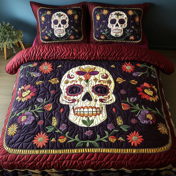 Purple Skull quilted 3-piece bedding set on a made bed against a dark styled interior
