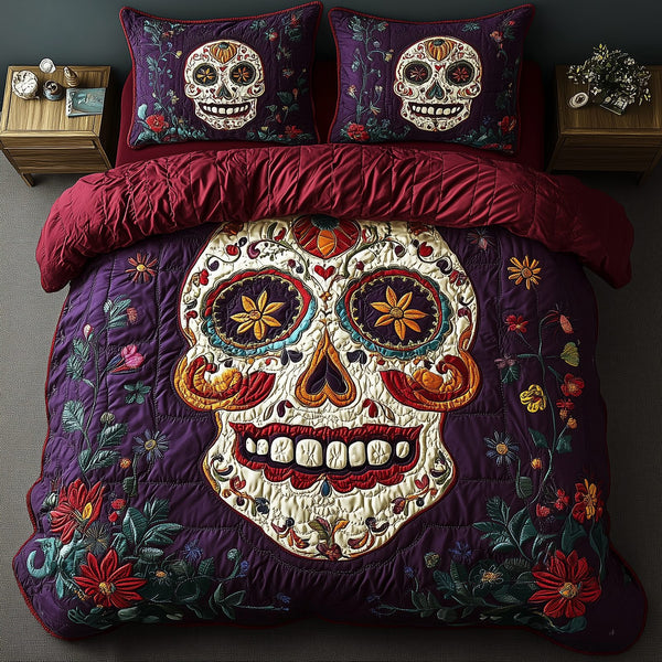 Purple Skull quilted 3-piece bedding set on a made bed against a dark styled interior