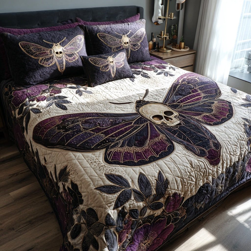 Purple Skull quilted 3-piece bedding set on a made bed against a dark styled interior
