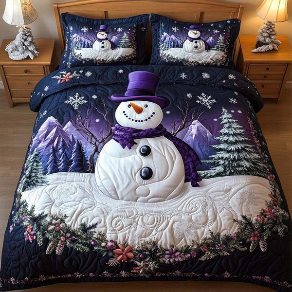Purple Snowman quilted 3-piece bedding set on a made bed in a winter-styled bedroom