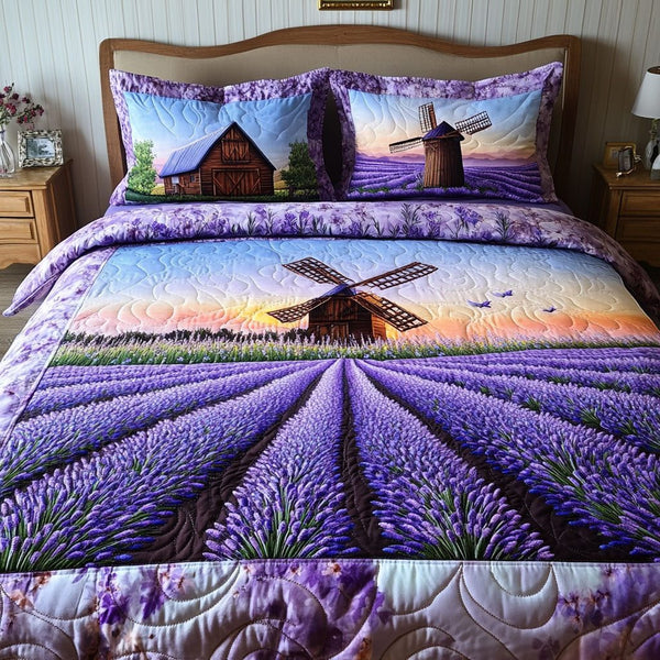 Purple Tranquility quilted 3-piece bedding set on a made bed with two matching pillow shams