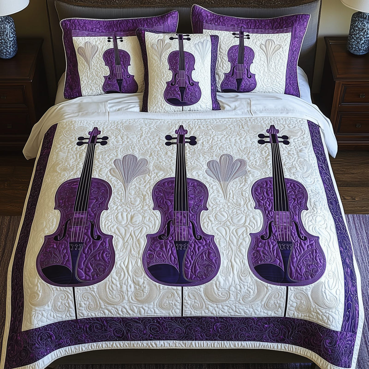 Purple Violin quilted 3-piece bedding set on a made bed with two matching pillow shams