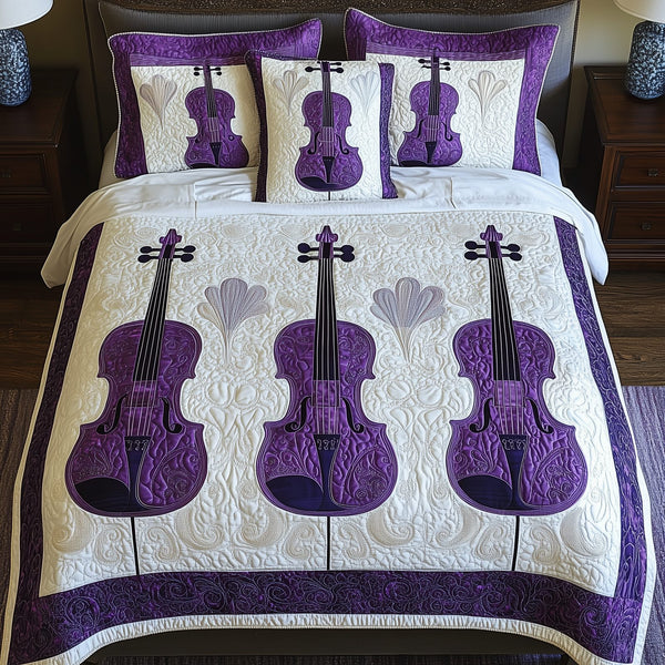 Purple Violin quilted 3-piece bedding set on a made bed with two matching pillow shams