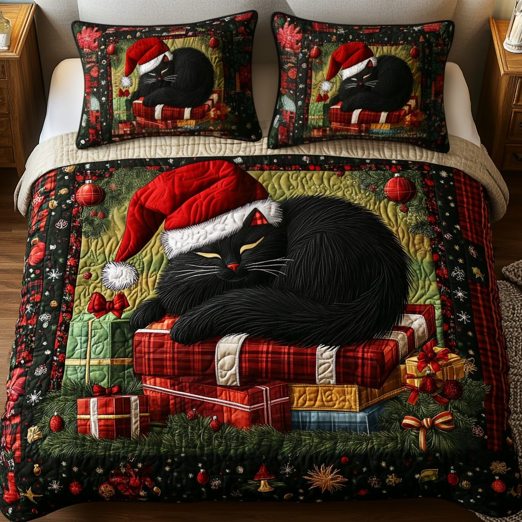 Purrfect Book Haven quilted 3-piece bedding set on a made bed with two matching pillow shams