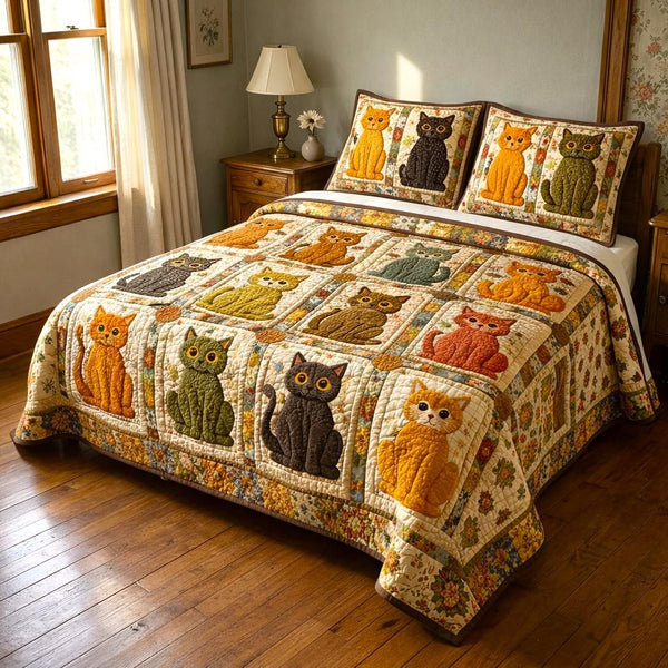 Purrfect Cats quilted 3-piece bedding set on a made bed with two matching pillow shams