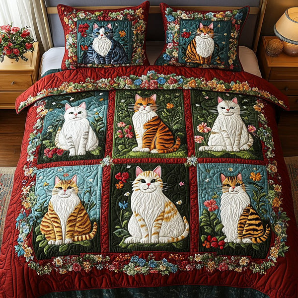Purrfect Dreams quilted 3-piece bedding set on a made bed with two matching pillow shams