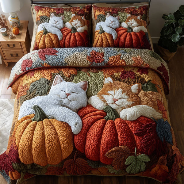 Purrfect Fall Dreams quilted 3-piece bedding set on a made bed with two matching pillow shams