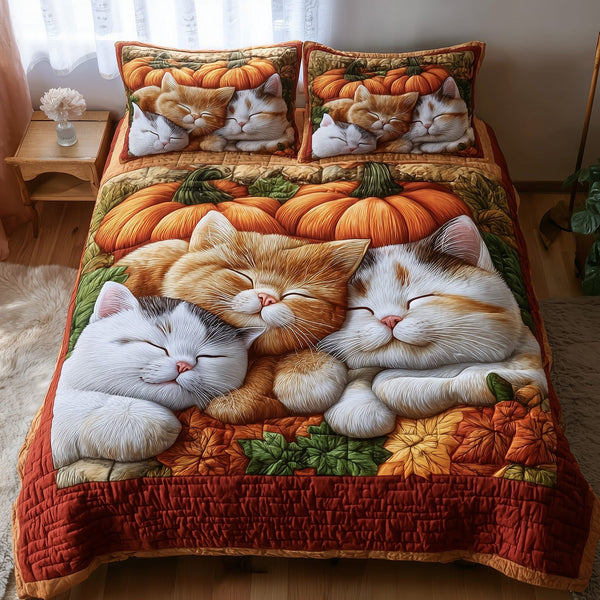 Purrfect Fall Dreams quilted 3-piece bedding set on a made bed with two matching pillow shams