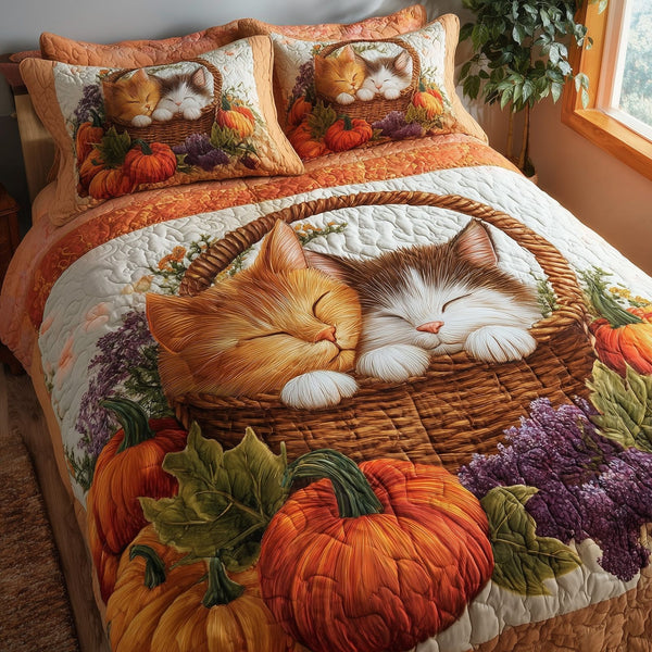 Purrfect Fall Dreams quilted 3-piece bedding set on a made bed with two matching pillow shams
