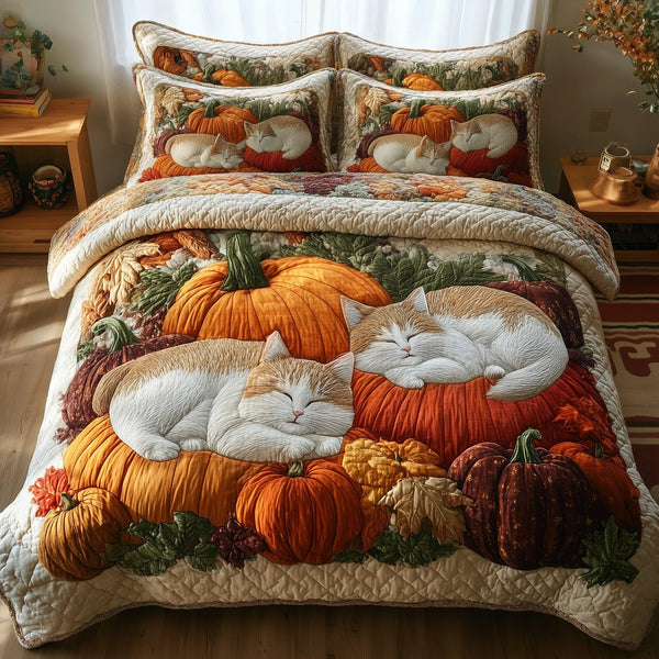 Purrfect Fall Dreams quilted 3-piece bedding set on a made bed with two matching pillow shams