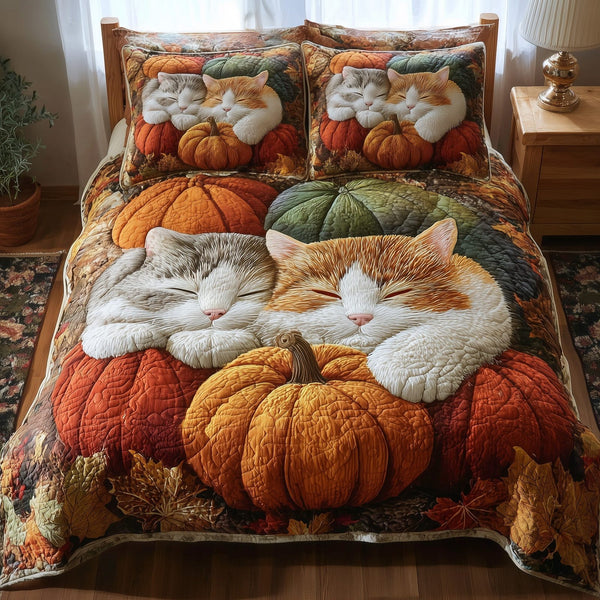Purrfect Fall Dreams quilted 3-piece bedding set on a made bed with two matching pillow shams