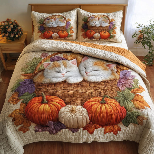Purrfect Fall Dreams quilted 3-piece bedding set on a made bed with two matching pillow shams