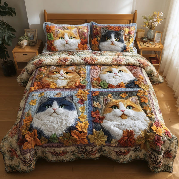 Purrfect Fall quilted 3-piece bedding set on a made bed with two matching pillow shams