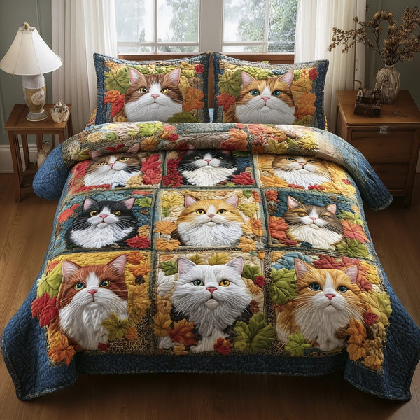 Purrfect Fall quilted 3-piece bedding set on a made bed with two matching pillow shams
