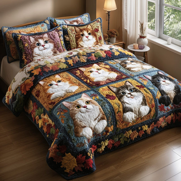 Purrfect Fall quilted 3-piece bedding set on a made bed with two matching pillow shams