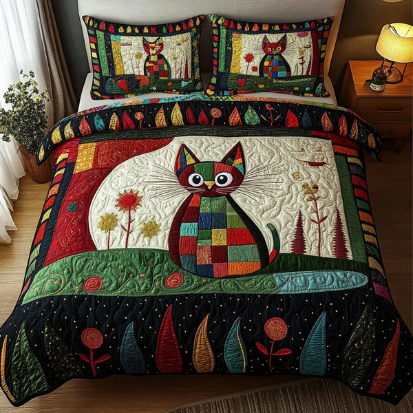 Purrfect Harmony quilted 3-piece bedding set on a made bed with two matching pillow shams