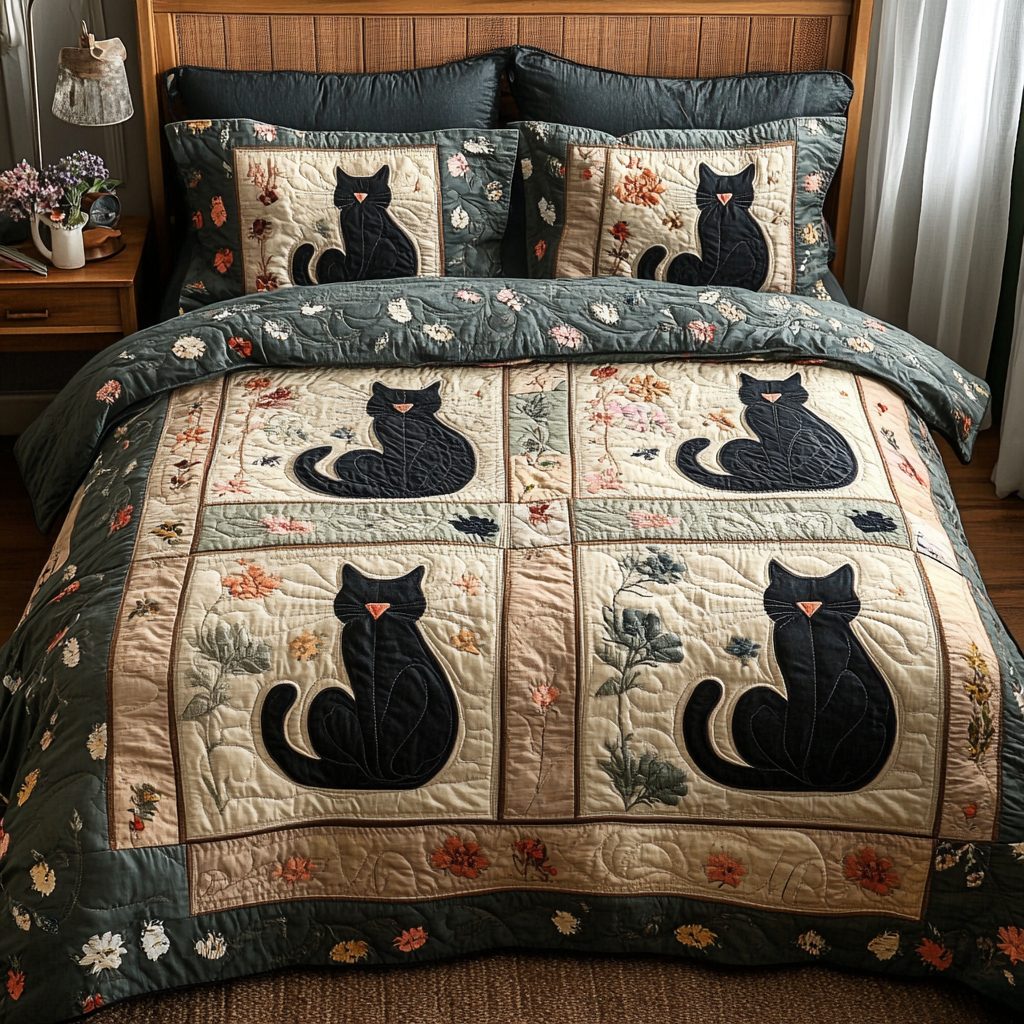 Purrfect Nest quilted 3-piece bedding set on a made bed with two matching pillow shams