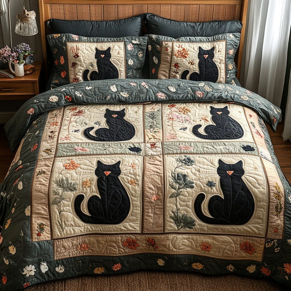 Purrfect Nest quilted 3-piece bedding set on a made bed with two matching pillow shams