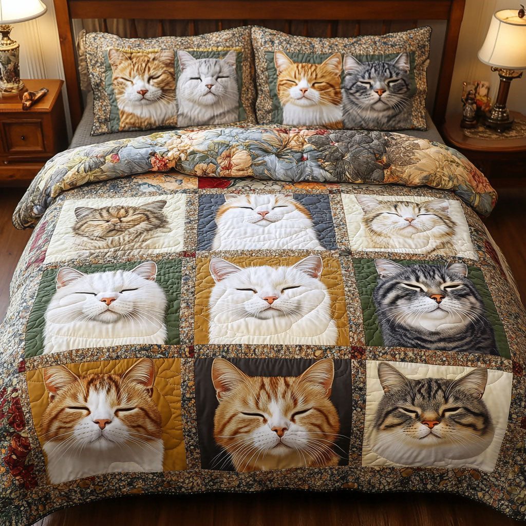 Purrfect Pals quilted 3-piece bedding set on a made bed with two matching pillow shams