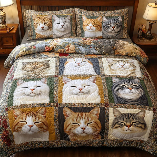 Purrfect Pals quilted 3-piece bedding set on a made bed with two matching pillow shams