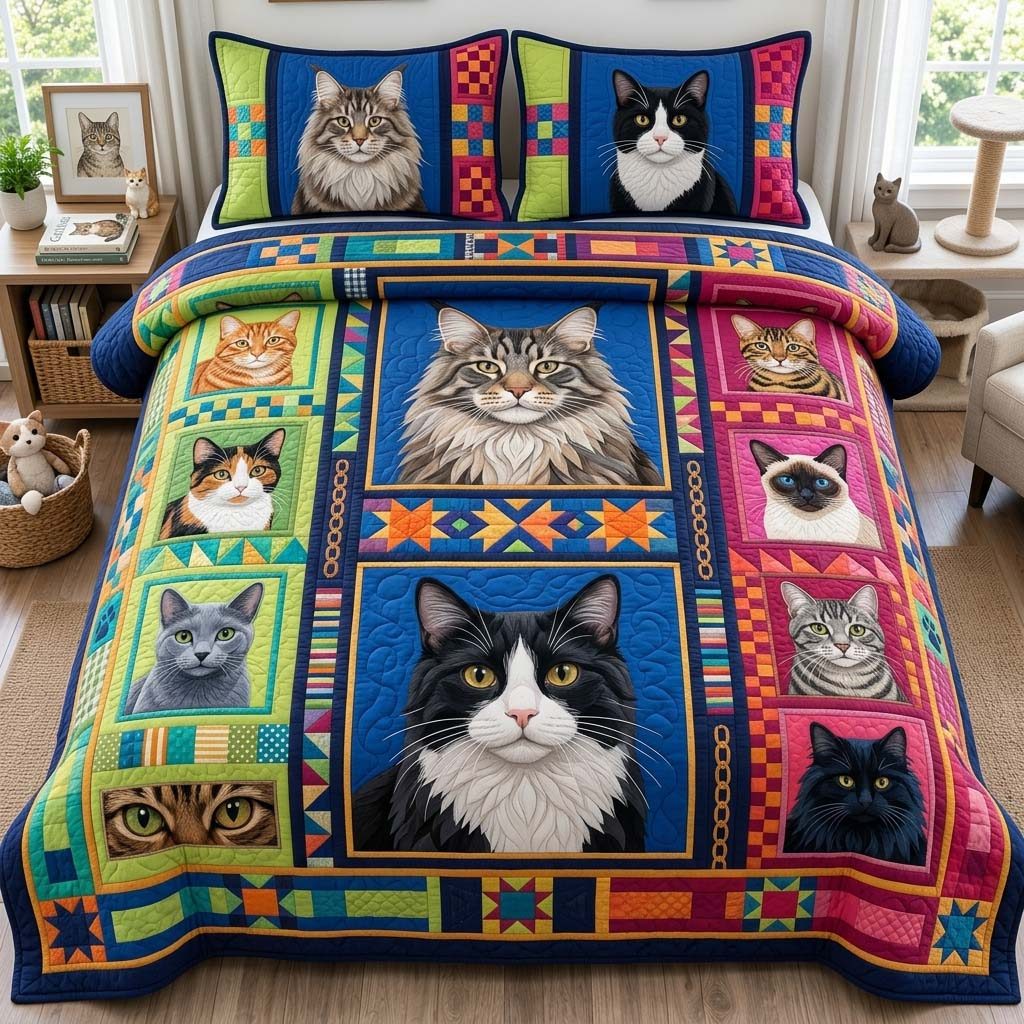 Purrfect Patchwork quilted 3-piece bedding set on a made bed in a farmhouse bedroom