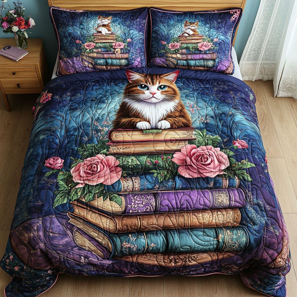 Purrfect Read quilted 3-piece bedding set on a made bed with two matching pillow shams