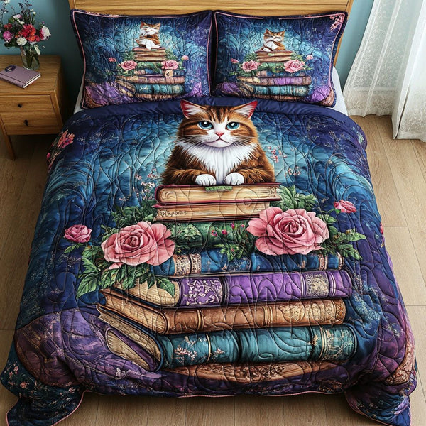 Purrfect Read quilted 3-piece bedding set on a made bed with two matching pillow shams