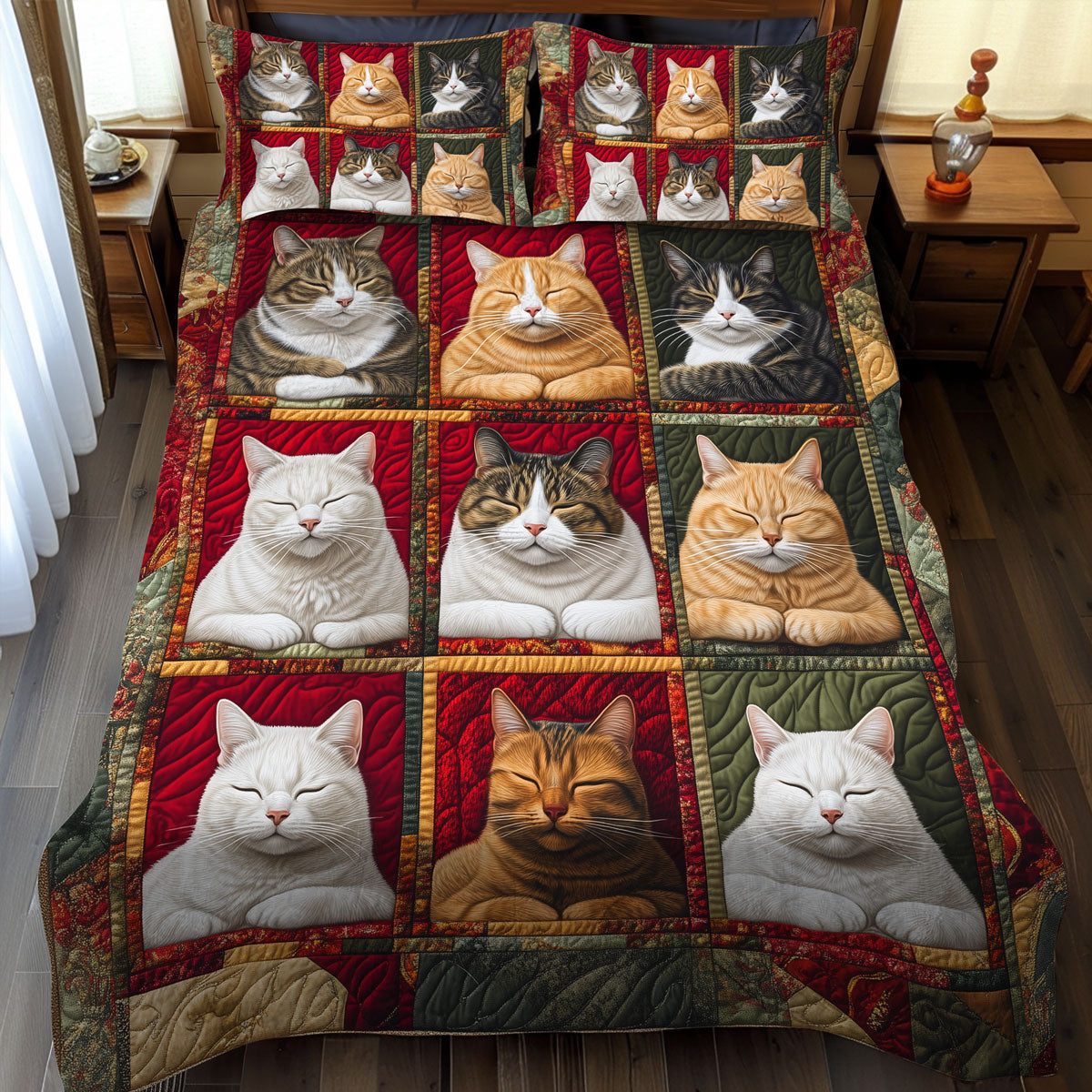 Purrfect Sleep quilted 3-piece bedding set on a made bed with two matching pillow shams