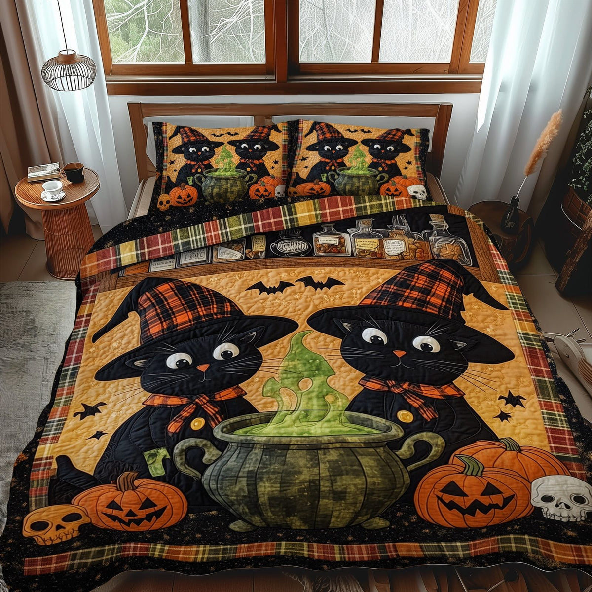 Purrfectly Bewitching quilted 3-piece bedding set on a made bed against a dark styled interior