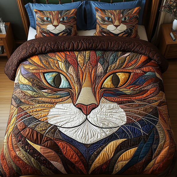 Purrfectly Cat quilted 3-piece bedding set on a made bed with two matching pillow shams