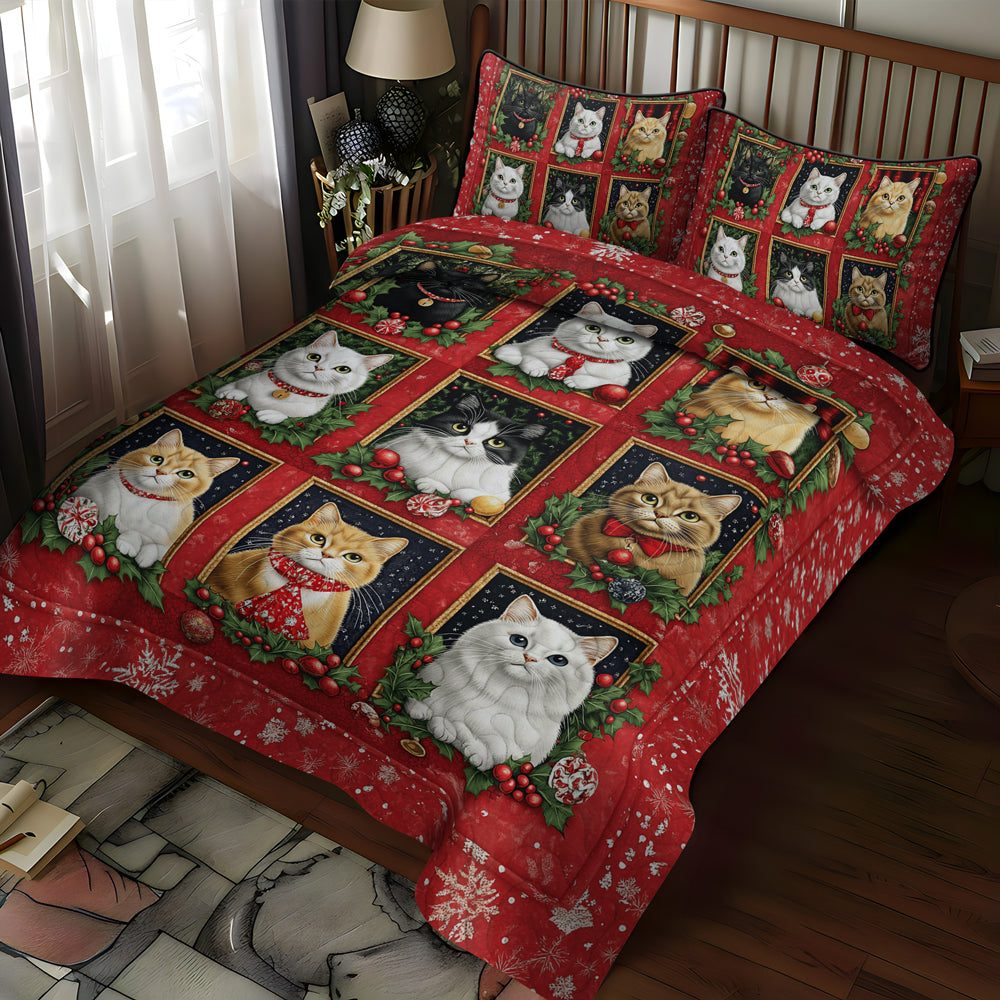 Purrfectly Cozy Cats quilted 3-piece bedding set on a made bed with two matching pillow shams