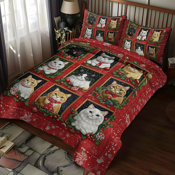 Purrfectly Cozy Cats quilted 3-piece bedding set on a made bed with two matching pillow shams