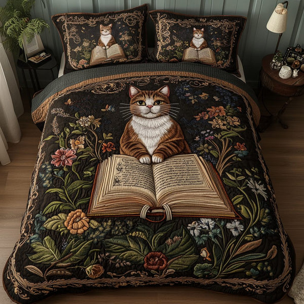 Purrfectly Cozy quilted 3-piece bedding set on a made bed with two matching pillow shams